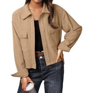 Women's Fashion Cropped Dark Khaki Shirts Button Down Casual Jacket Coat Tops